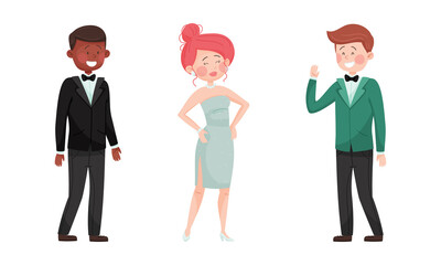 Young Man and Woman in Evening Dress and Dinner Jacket Waving Hand Vector Set