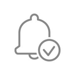 Notification bell with tick checkmark line icon. Inbox message, verification message notification symbol