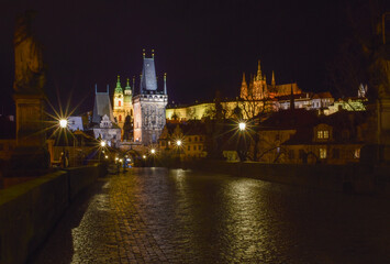 Fototapeta na wymiar View of the castle from the bridge, night city landscape