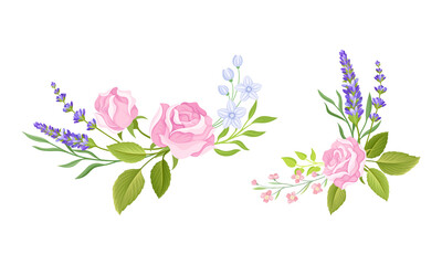 Pink Rose Bud and Tender Lavender Flower Twigs Arranged in Decor Composition Vector Set