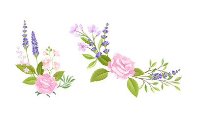 Obraz na płótnie Canvas Pink Rose Bud and Tender Lavender Flower Twigs Arranged in Decor Composition Vector Set