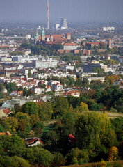 The view of the Krakow city center from Kopiec Koœciuszki hill outlook. Krakow, Poland - obrazy, fototapety, plakaty