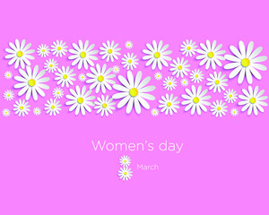 Greeting card with pink background and daisies for March 8 women's day or to put beautiful, advertising and sales messages
