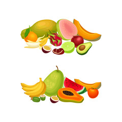 Pile of Bright and Juicy Tropical Fruit with Melon and Banana Vector Set
