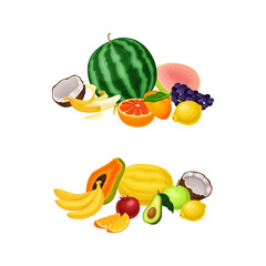 Pile of Bright and Juicy Tropical Fruit with Watermelon and Banana Vector Set