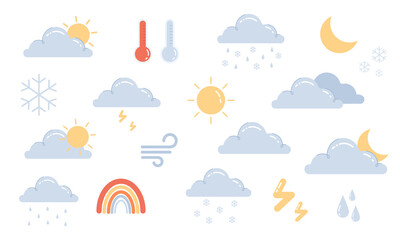 Weather phenomena icon set - clouds, wind, rainbow, thunderstorm, temperature, snow, rain, sun, moon and thermometer on white background.Modern colored vector illustration cartoon flat style.