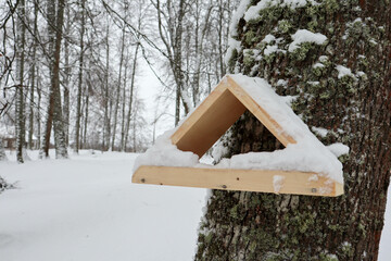 Fototapeta na wymiar snow covered wooden triangular bird feeder on a tree in the park 