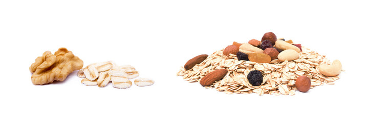 Mix nuts, raisins and oatmeal isolated on white background