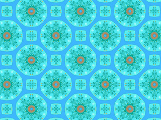 Modern and sophisticated geometric pattern with the Statue of Liberty. Kaleidoscopic print for wallpapers, wrapping paper, stationery. Repeating textile pattern in blue and green colors.