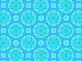 Modern and sophisticated geometric pattern in blue colors. Bright kaleidoscopic print for wallpapers, wrapping paper, stationery. Repeating textile pattern with geometric flowers.
