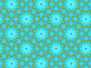 Modern and sophisticated geometric pattern in blue and green colors. Bright kaleidoscopic print for wallpapers, wrapping paper, stationery. Repeating textile pattern with geometric flowers.