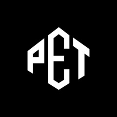 PET letter logo design with polygon shape. PET polygon and cube shape logo design. PET hexagon vector logo template white and black colors. PET monogram, business and real estate logo.