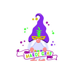 Happy Mardi Gras vector illustration with gnome and handwritten text. Cute elf drawing in flat style. Cartoon character. Design for holidays decoration, greeting cards, gift tags, t-shirt print