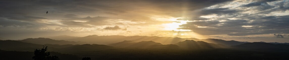 Summer landscape in mountains and the dark blue sky with clouds and silhouette bird.