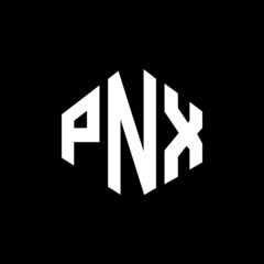 PNX letter logo design with polygon shape. PNX polygon and cube shape logo design. PNX hexagon vector logo template white and black colors. PNX monogram, business and real estate logo.