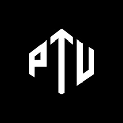 PTU letter logo design with polygon shape. PTU polygon and cube shape logo design. PTU hexagon vector logo template white and black colors. PTU monogram, business and real estate logo.