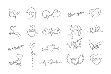 Love and Valentines lettering set. Heart continauous line drawing, small tattoo, print for clothes and logo design, one single line on a white background, isolated vector illustration.
