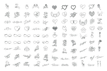 Fototapeta na wymiar Love and Valentines lettering set. Heart continuous line drawing, small tattoo, print for clothes and logo design, one single line on a white background, isolated vector illustration.