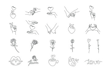 Valentines day. Сontinuous line. Hands and flowers continuous line drawing, small tattoo, print for clothes and logo design, one single line on a white background, isolated vector illustration.