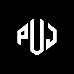 PUJ letter logo design with polygon shape. PUJ polygon and cube shape logo design. PUJ hexagon vector logo template white and black colors. PUJ monogram, business and real estate logo.