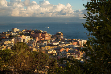 Panoramic view of the city of Naples from Vomero district. In the background the Vesuvius volcano and the gulf.