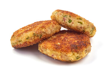 Fried cutlets in bread crumbs, Isolated on white background.