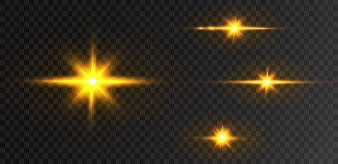 Bright yellow light effect. The star flashed with sparkles with many particles. Vector.