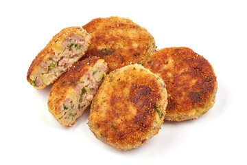 Fried cutlets in bread crumbs, Isolated on white background.