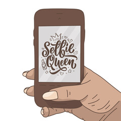 Selfie Queen lettering. Calligraphy fun design to print on tee, shirt, hoody, poster, sticker, card. Vector
