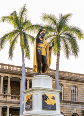 Statue of King Kamehameha in downtown Honolulu, Hawaii in front of King Kamehameha V Judiciary...