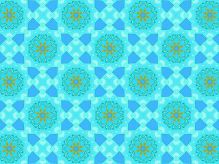 Modern and sophisticated geometric pattern in blue and green colors. Bright kaleidoscopic print for wallpapers, wrapping paper, stationery. Repeating textile pattern with geometric flowers.