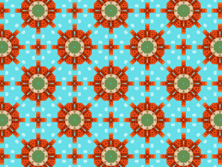 Modern sophisticated geometric pattern in soft blue, green, and terracotta colors. Kaleidoscopic print for wallpapers, wrapping paper, stationery. Repeating textile pattern with geometric flowers.