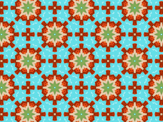 Modern sophisticated geometric pattern in soft blue, green, and terracotta colors. Kaleidoscopic print for wallpapers, wrapping paper, stationery. Repeating textile pattern with geometric flowers.