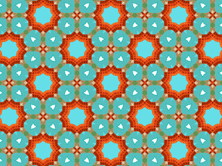 Modern sophisticated geometric pattern in soft blue, green, and terracotta colors. Kaleidoscopic print for wallpapers, wrapping paper, stationery. Repeating textile pattern with geometric flowers.