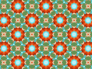 Modern sophisticated geometric pattern in soft blue, green, and terracotta colors. Kaleidoscopic print for wallpapers, wrapping paper, stationery. Repeating textile pattern with geometric flowers.