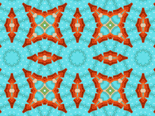 Modern sophisticated geometric pattern in soft blue and terracotta colors. Bright kaleidoscopic print for wallpapers, wrapping paper, stationery. Repeating textile pattern with geometric flowers.
