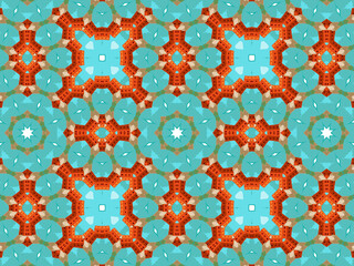 Modern sophisticated geometric pattern in soft blue and terracotta colors. Bright kaleidoscopic print for wallpapers, wrapping paper, stationery. Repeating textile pattern with geometric flowers.
