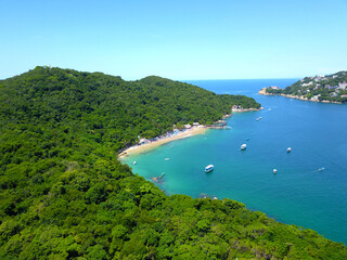 Aerial view of the beach on the island of la roqueta and the vegetation