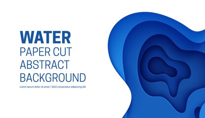 Abstract background with water waves in paper cut style. 3d wallpaper with cut out deep wavy modern cover. Blue color layers with smooth shadow papercut art. Vector illustration, origami shapes