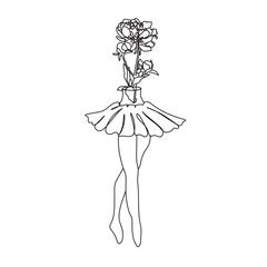 Ballerina legs and peony.Vector Line Drawing.One line Illustration. Botanical print. Nature symbol of cosmetics. Modern continuous line art. Fashion print.