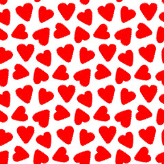 Fototapeta na wymiar Beautiful red ink small hearts isolated on white background. Cute monochrome seamless pattern. Vector simple flat graphic hand drawn illustration. Texture.