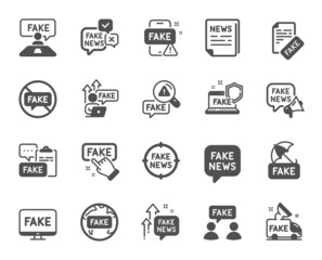 Fake news icons. Social media propaganda, Newspaper, Conspiracy of truth. Wrong facts, Fake information, False loudspeaker simple icons. Misleading news, People lies and propaganda truck. Vector