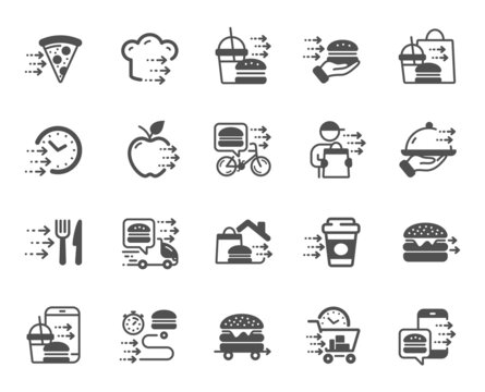 Food delivery icons. Online order, Eat pizza, Fast grocery service. Home delivery, Burger or cheeseburger, Courier with food simple icons. Smartphone order, Coffee deliver, Apple fruit. Vector