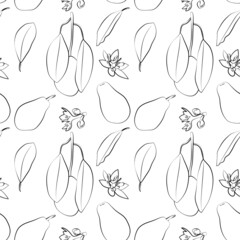 A black and white set of seamless patterns of avocados, leaves, fruits and flowers, 1000x1000 pixels.