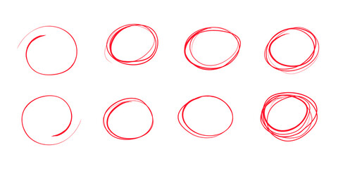 Highlight circles set. Hand drawn pen doodle ovals. Marker sketch. Highlighting text and important objects. Round scribble frames. Stock vector illustration on white background.