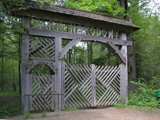Wooden gate, entry to Bialowieza National Park, Poland, Europe