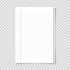 Realistic blank lined paper sheet in A4 format on transparent background. Notebook page, document. Design template or mockup. Vector illustration.