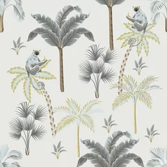 Gordijnen Tropische vintage dier, palmbomen naadloze bloemmotief grijze achtergrond. Exotisch junglebehang. © good_mood