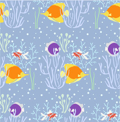 Fototapeta na wymiar Algae, coral, fish colorful seamless pattern on violet. Design element stock vector illustration for web, for print