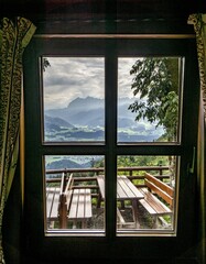 window view of austrian mountains with Wilder Kaiser at refuge